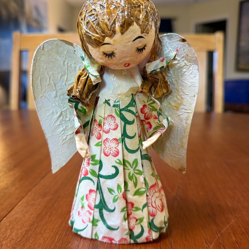 Vintage Paper Mache Angel Tree
Topper Hand Painted Floral Mid Century Christmas